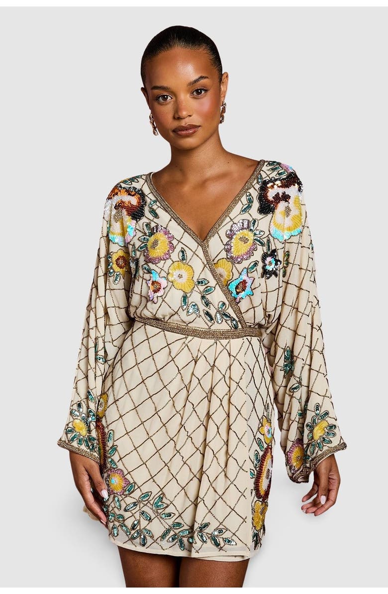 Coast Petite Embellished Mini Dress, Main, color, Champagne