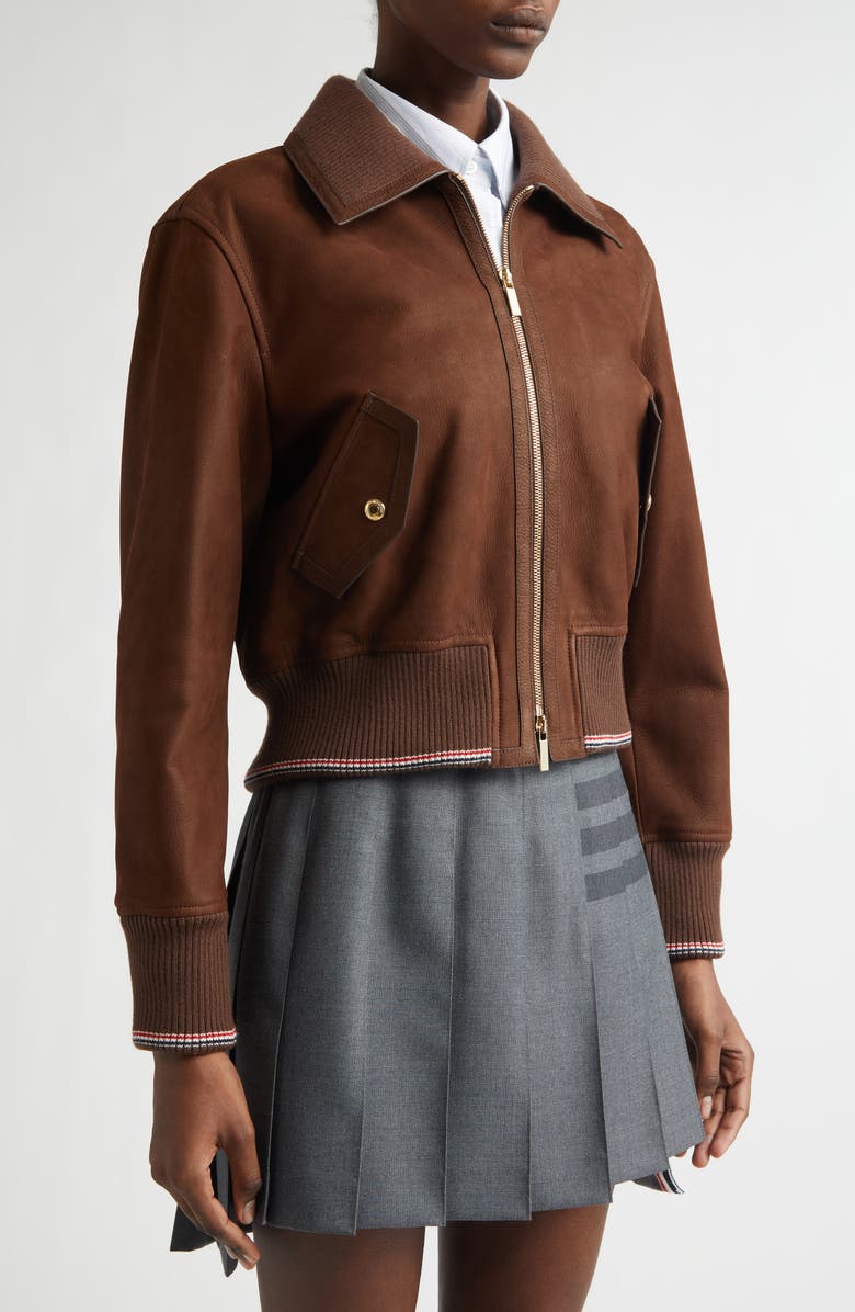 Thom Browne Crop Leather Flight Jacket, Alternate, color, Tiramisu