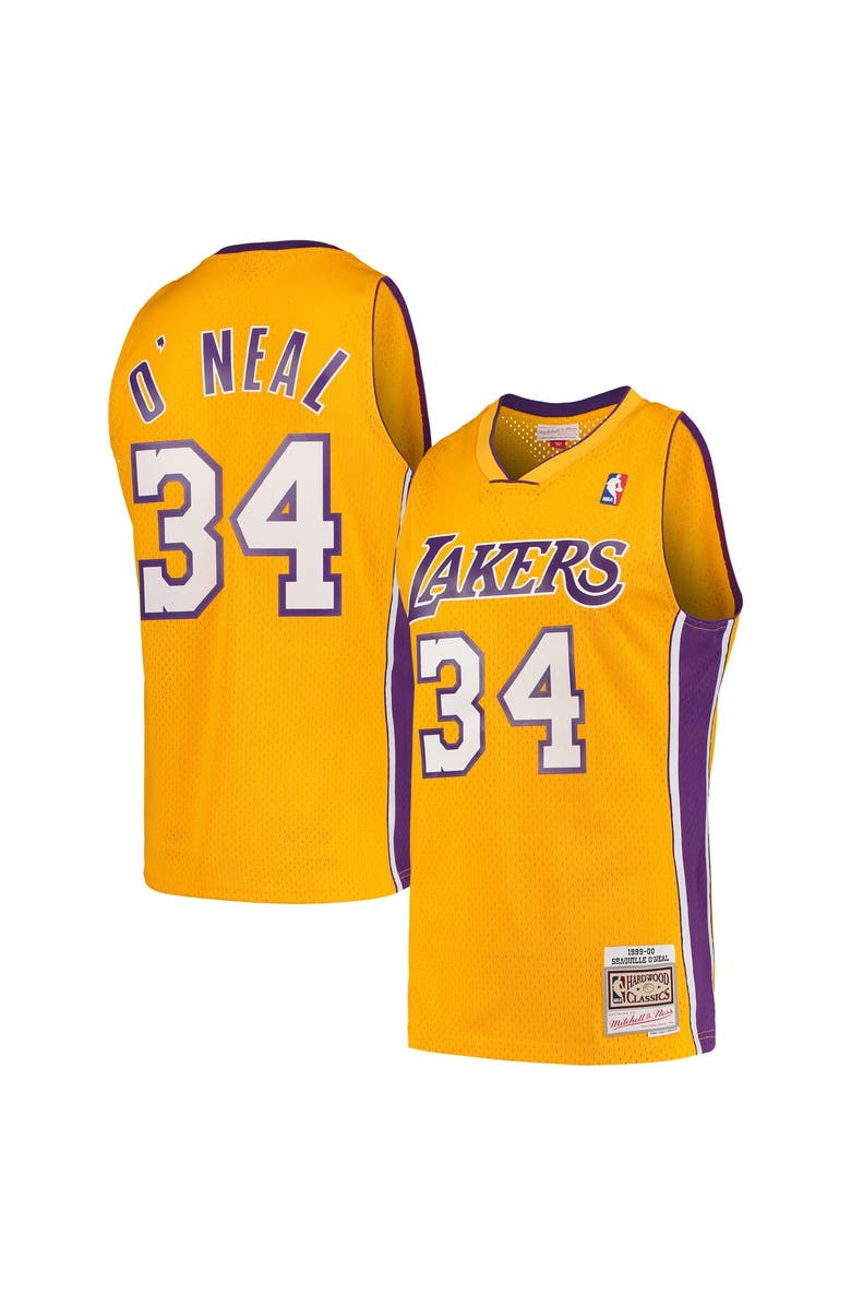 Mitchell & Ness Men's Mitchell & Ness Shaquille O'Neal Gold Los Angeles Lakers Hardwood Classics Swingman Jersey, Main, color, Gold
