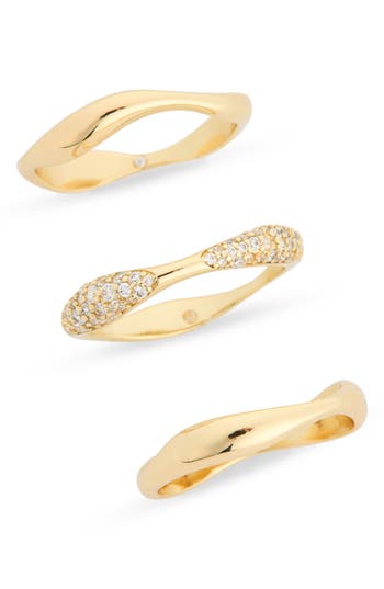Covet Set Of 3 Crystal Ripple Band Stackable Rings In Gold