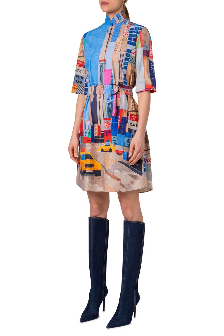 NYC Paper Collage Print Belted Cotton Poplin Shirtdress, Alternate, color, BLUE MULTI