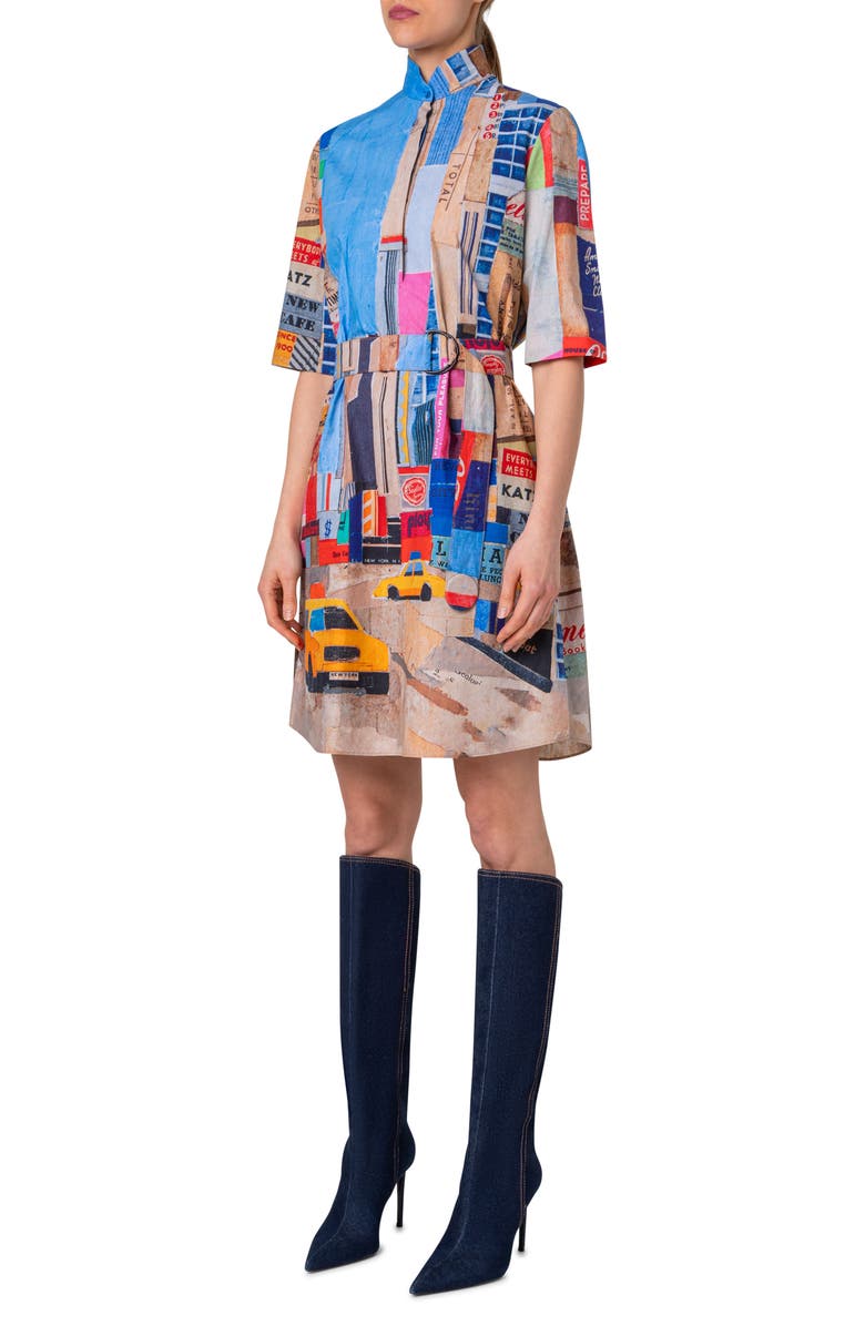 Akris punto NYC Paper Collage Print Belted Cotton Poplin Shirtdress, Alternate, color, 