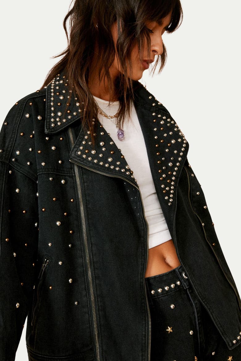 Studded Denim Biker Jacket, Alternate, color, Black