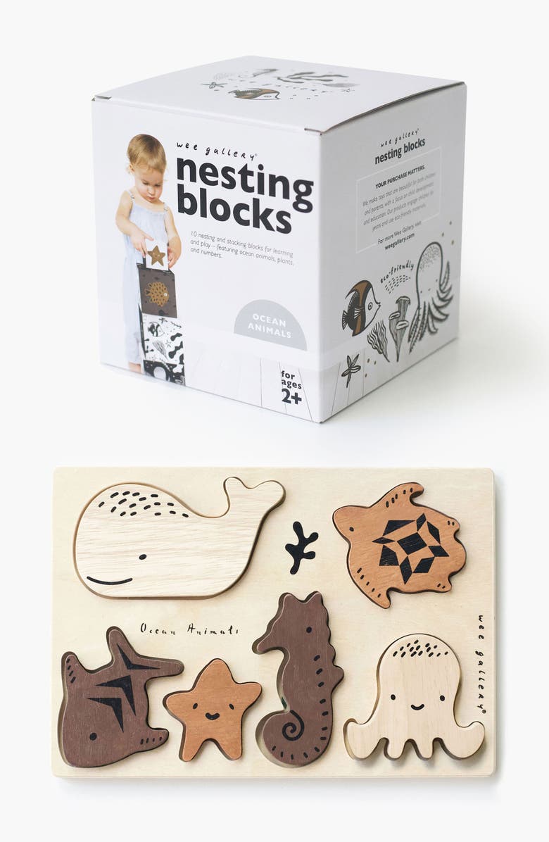 Wee Gallery Ocean Nesting Blocks and Wooden Tray Puzzle Bundle, Main, color, Ocean