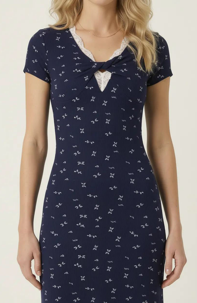 Modenaire Floral Twist Front Midi Dress, Alternate, color, Navy Blue