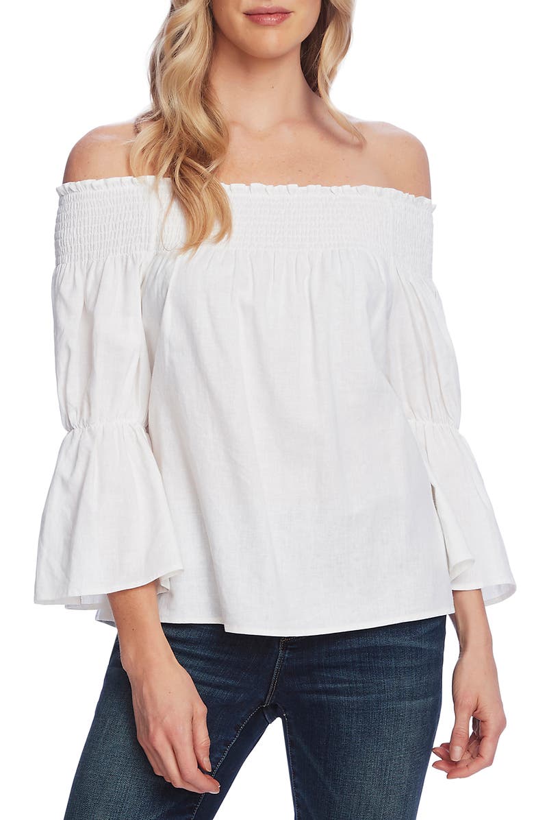 Vince Camuto Off the Shoulder Bell Sleeve Linen Blend Blouse, Main, color, 