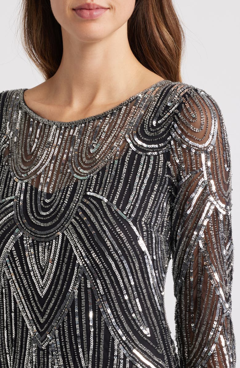 Pisarro Nights Beaded Illusion Neck Gown, Alternate, color, Black/ Silver