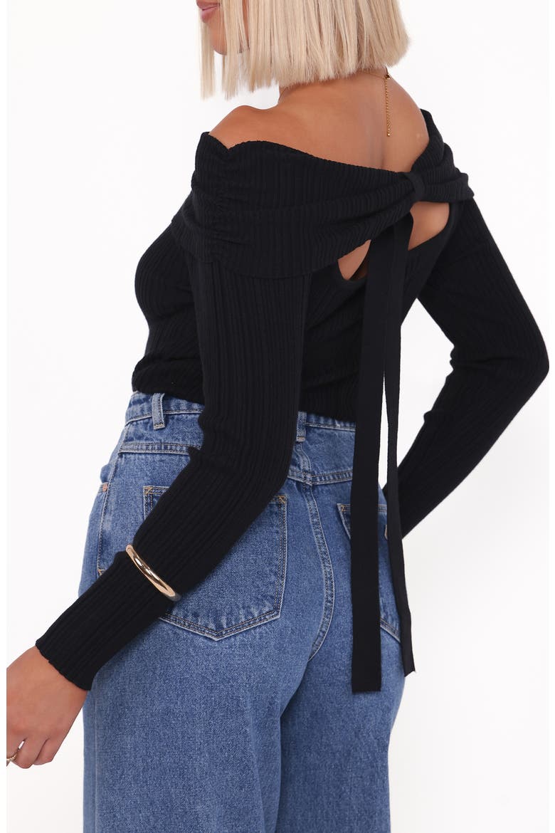 Junia Tie Back Off the Shoulder Rib Top, Alternate, color, BLACK