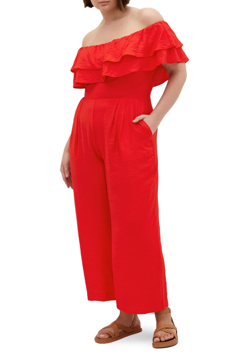 Poppy Ruffle Off the Shoulder Jumpsuit, Main, color, SUNSET