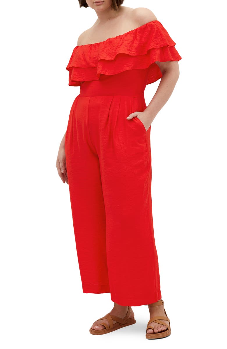 City Chic Poppy Ruffle Off the Shoulder Jumpsuit, Main, color, Sunset