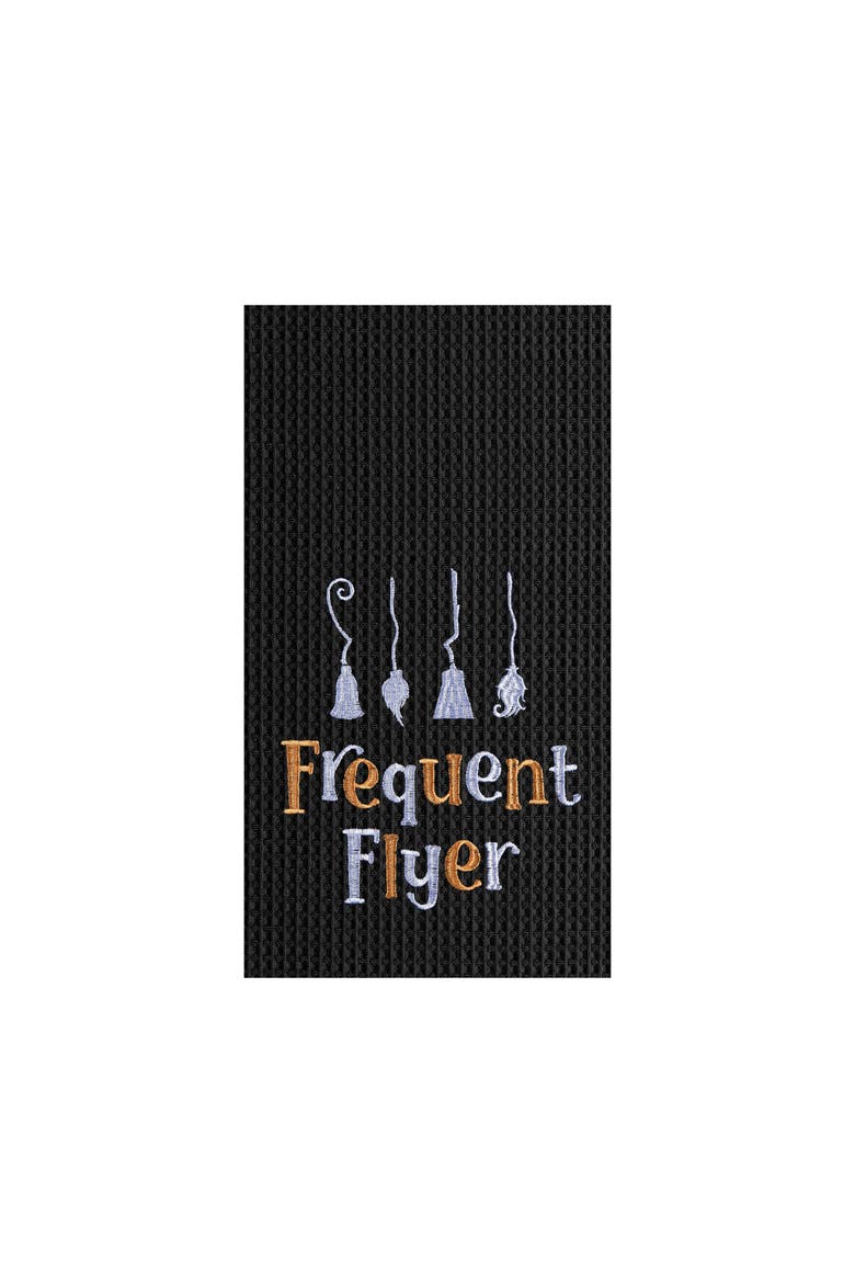 Frequent Flyer Witch Broom Halloween Embroidered Cotton Waffle Weave Kitchen Towel, Main, color, Black