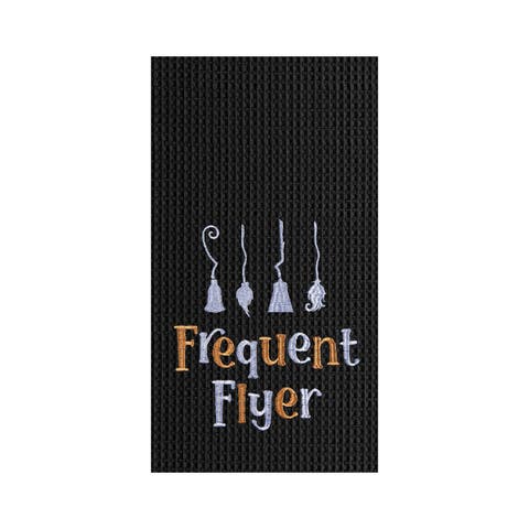 Frequent Flyer Witch Broom Halloween Embroidered Cotton Waffle Weave Kitchen Towel