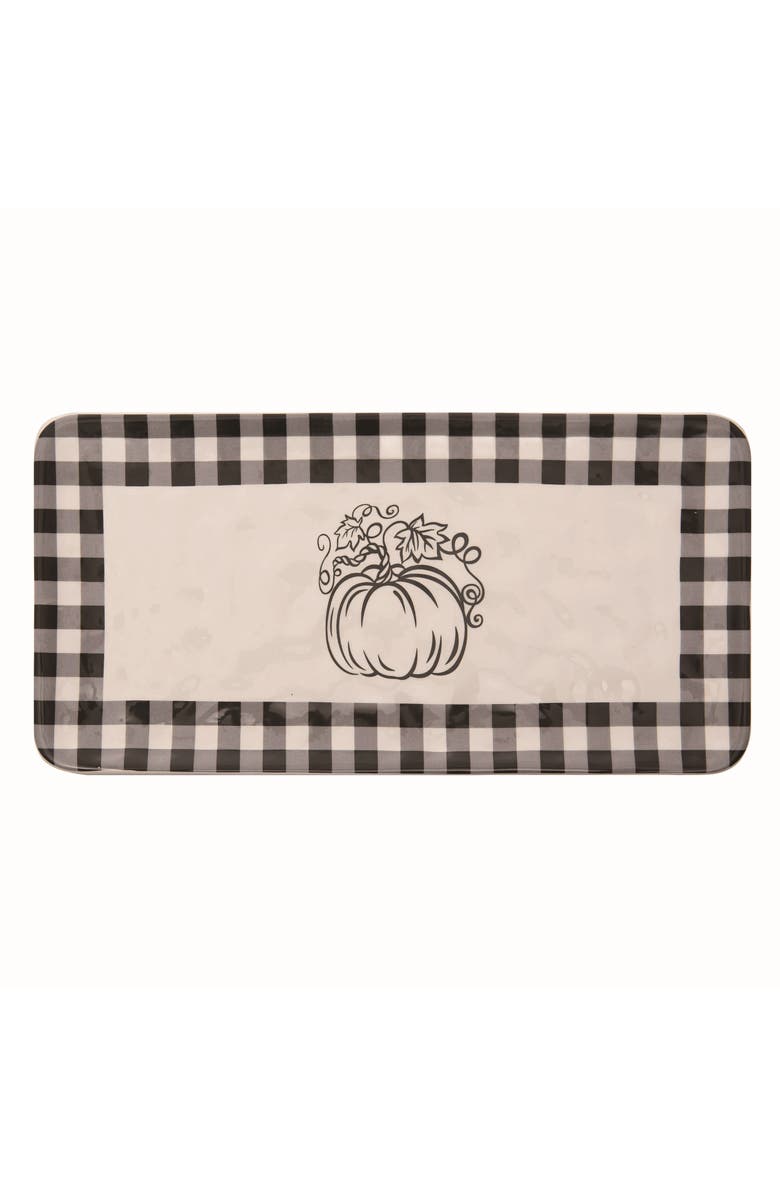 Transpac Dolomite White Autumn Buffalo Check and Pumpkin Tray, Main, color, White