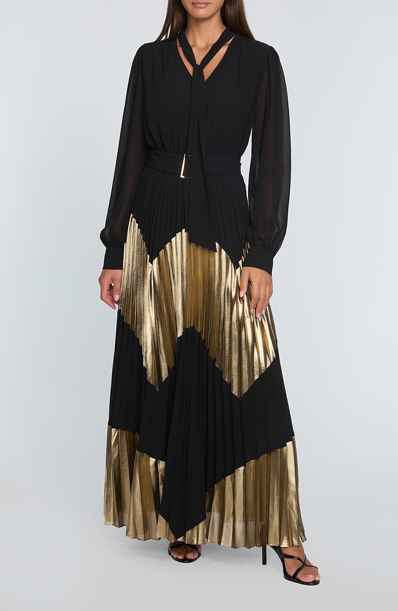Elie Tahari The Carrie Gilded Pleated Long Sleeve Maxi Dress, Main, color, 