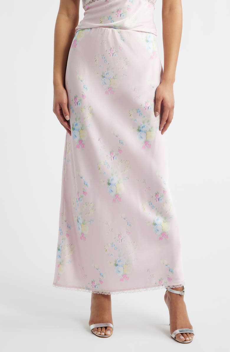 LoveShackFancy Kalo Floral Satin Maxi Skirt, Main, color, Rosy Trellis