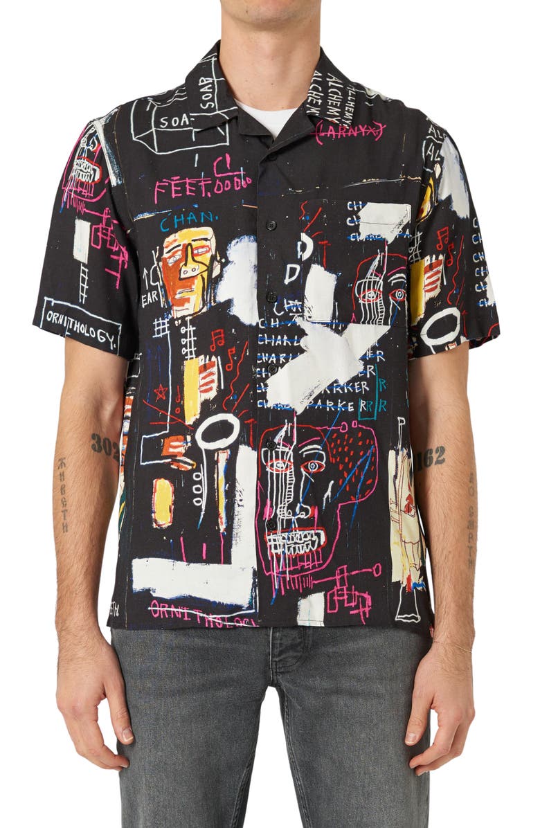 NEUW DENIM x Basquiat 1 Beat Bop Short Sleeve Button-Up Camp Shirt, Main, color,