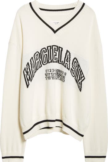 MM6 Maison Margiela V-Neck Cotton & Wool Varsity Sweater