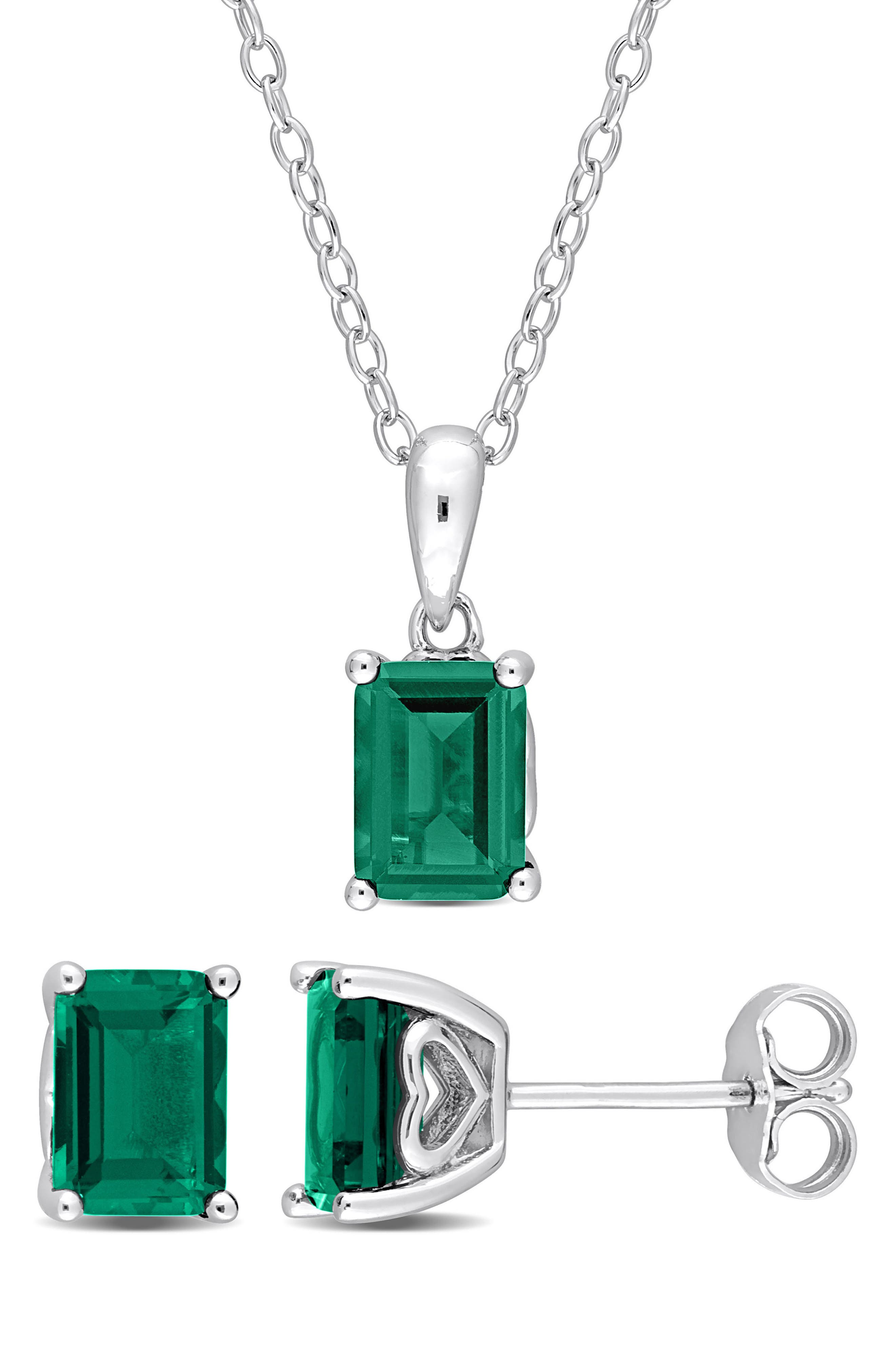 DELMAR Emerald Cut Lab Created Emerald Pendant Necklace & Stud Earrings Set
