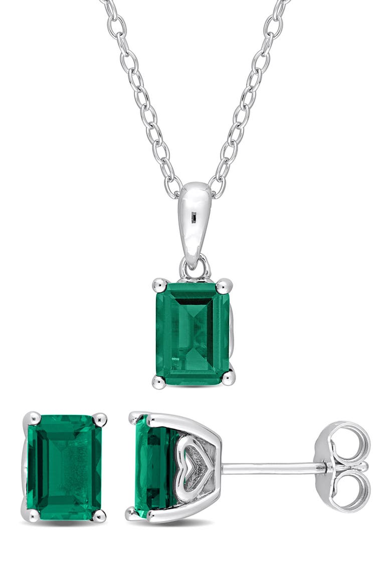 Emerald Cut Lab Created Emerald Pendant Necklace & Stud Earrings Set, Main, color, GREEN