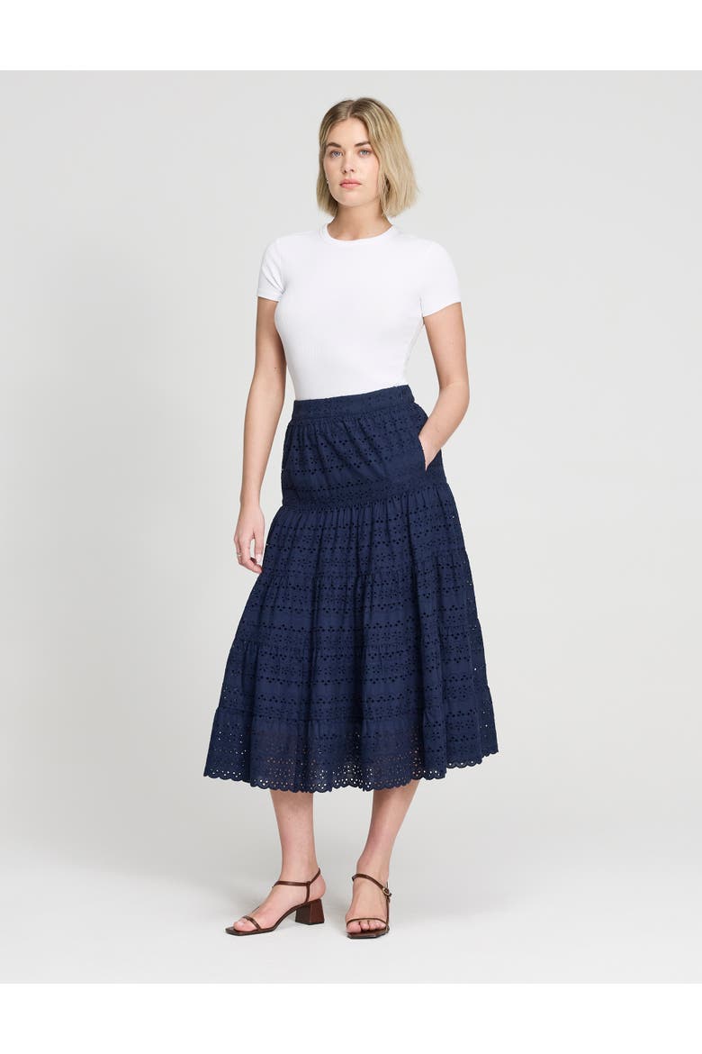 Siobhan Broderie Tiered Midi Skirt, Alternate, color, Navy