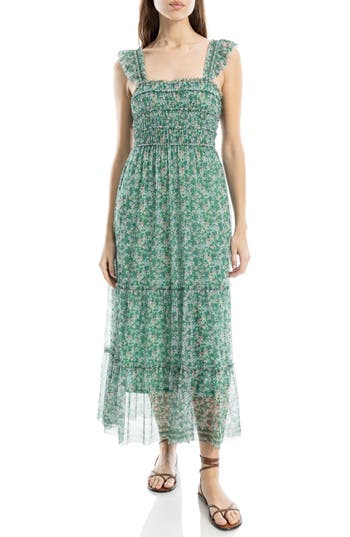 Max Studio Floral Ruffle Strap Smocked Tiered Chiffon Maxi Dress In Grntoscm