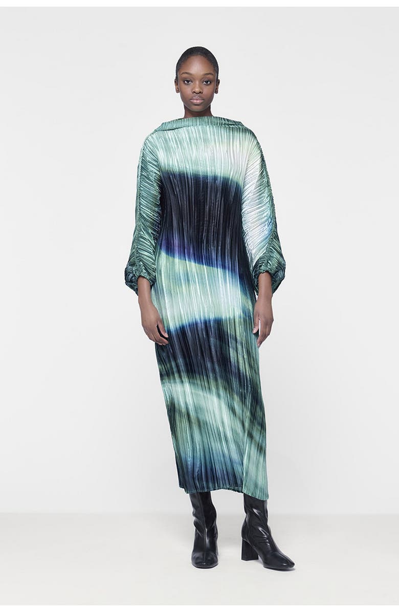 Leem Printed Plisse Batwing Dress, Alternate, color, Green