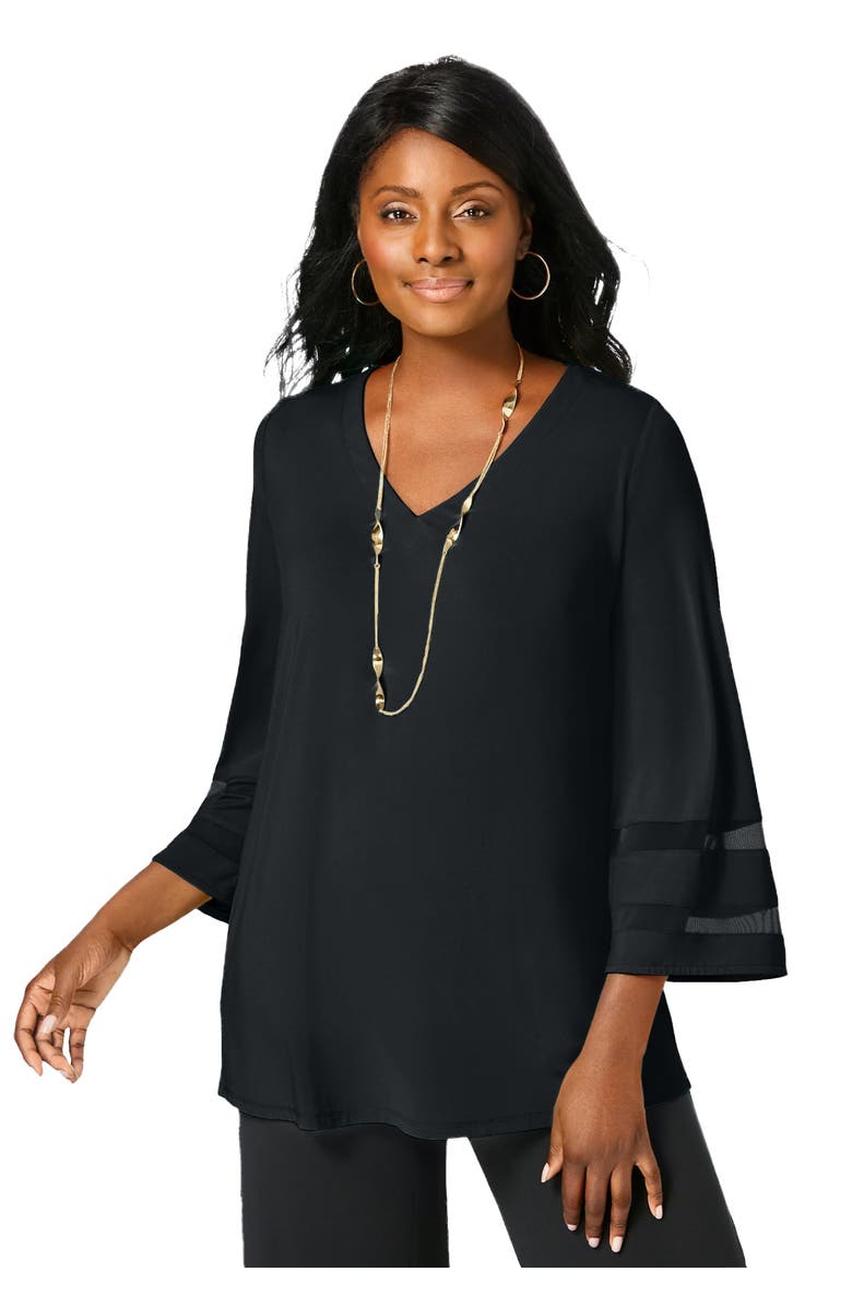 Jessica London Stretch Knit Mesh Inset Sleeve Tunic, Main, color, Black