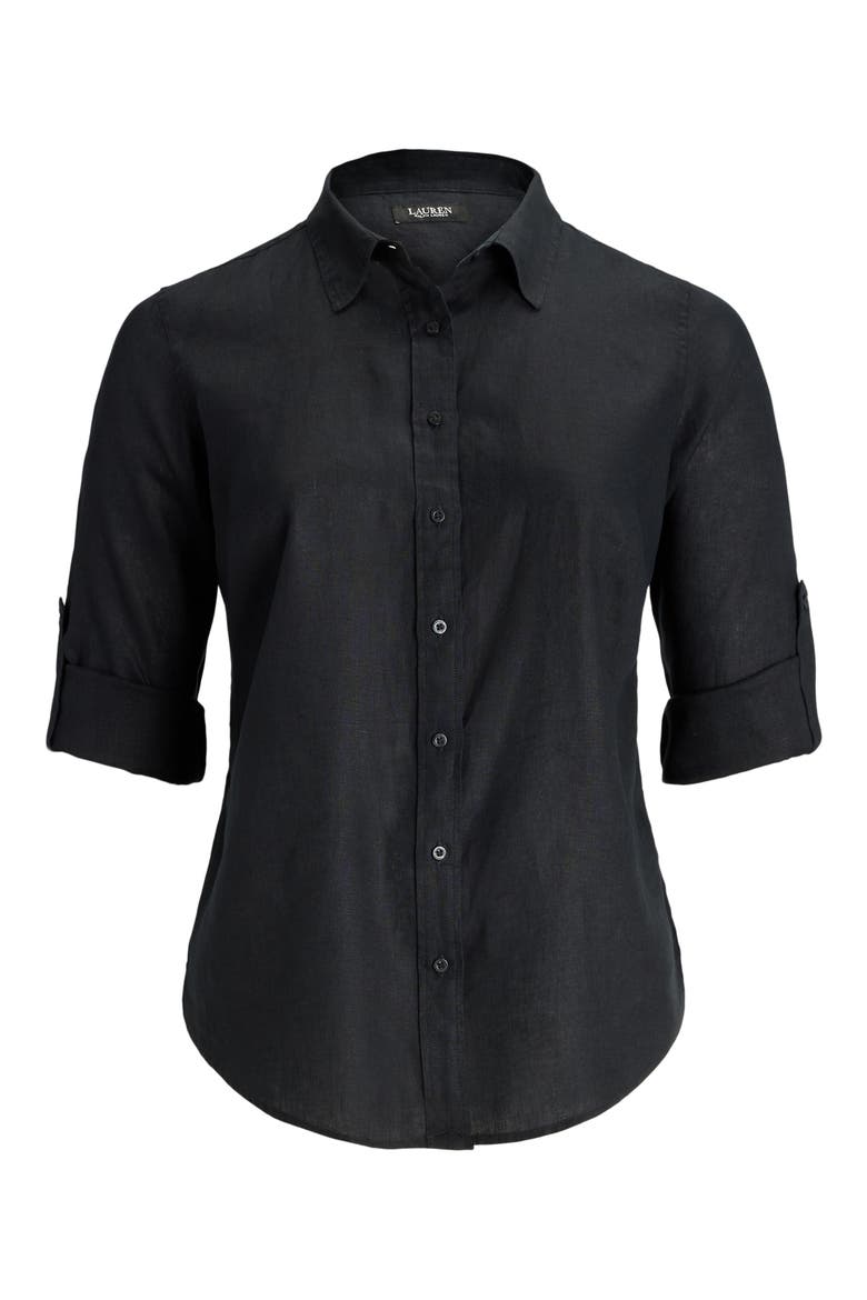 Relaxed Fit Linen Roll Tab Sleeve Shirt, Alternate, color, BLACK