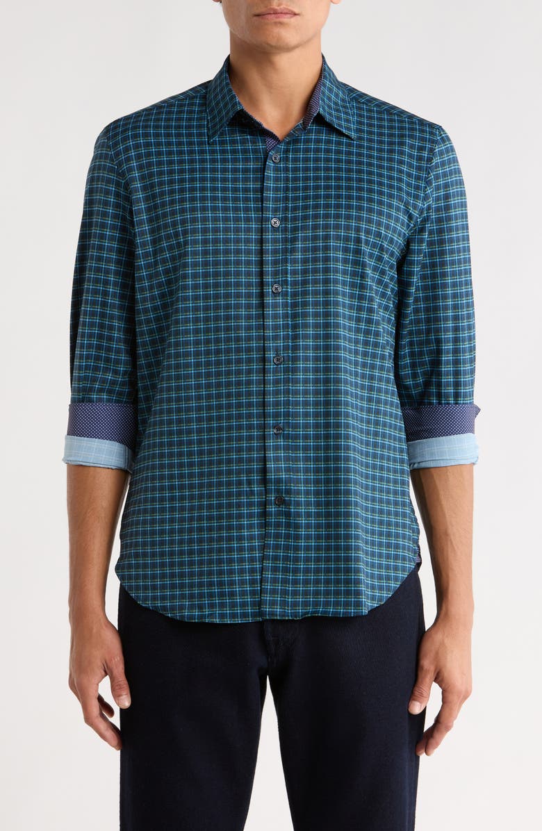 CONSTRUCT Slim Fit Plaid 4-Way Stretch Button-Up Shirt, Main, color, Navy/ Green