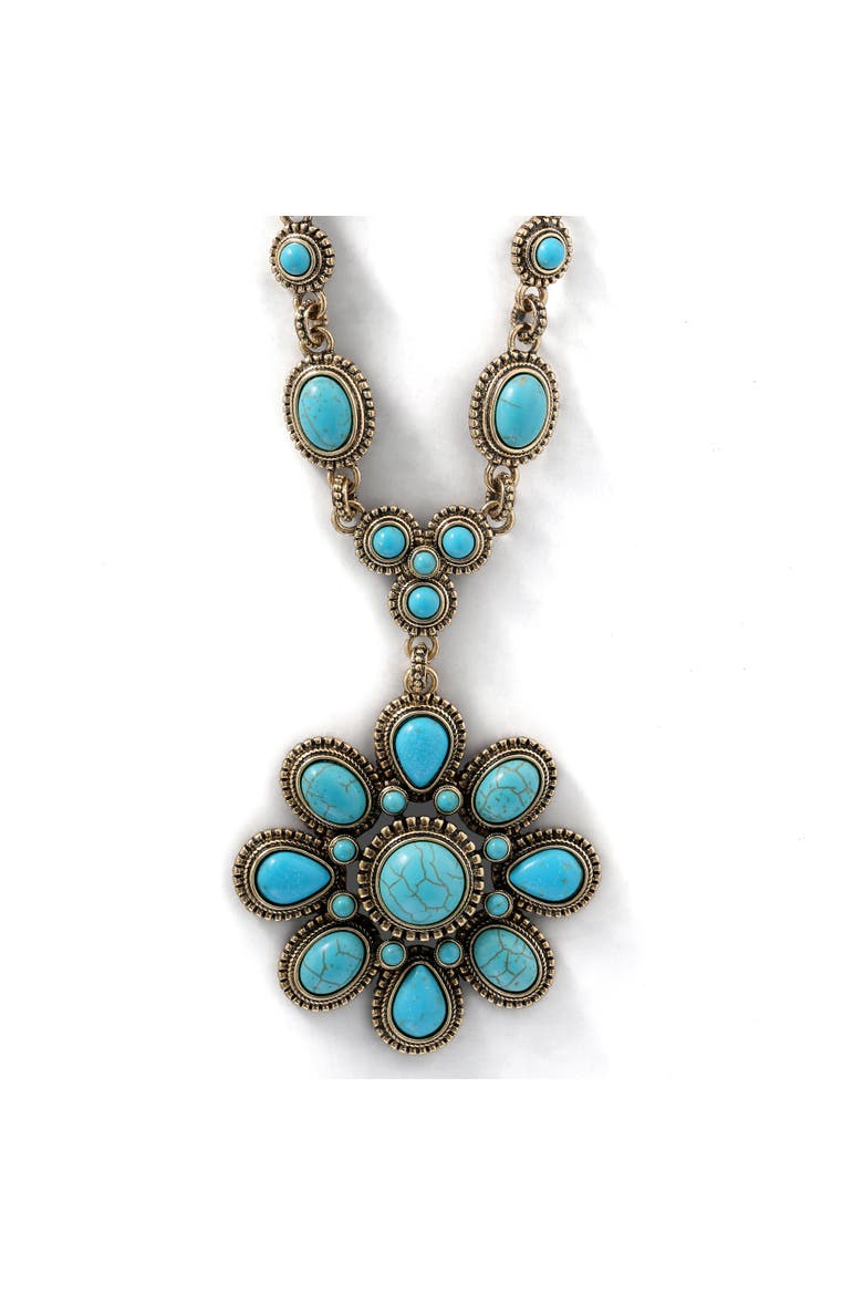 Women's Large Turquoise Stone Flower Necklace in Silver or Gold Tone, Main, color, Gold, turquoise