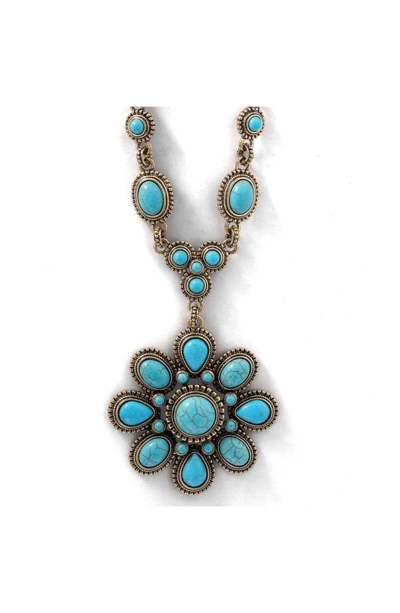 Jessica Simpson Women's Large Turquoise Stone Flower Necklace in Silver or Gold Tone, Main, color, Gold, Turquoise