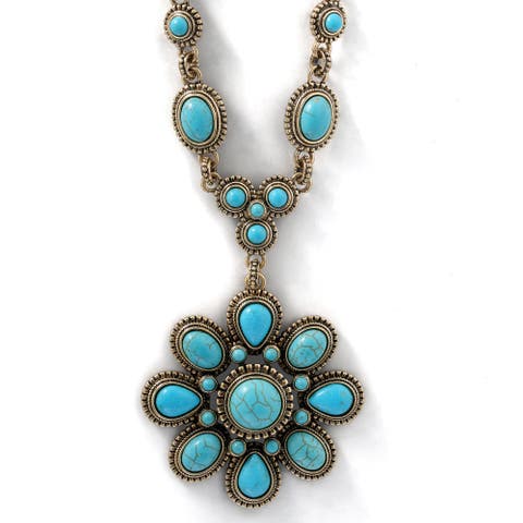Women's Large Turquoise Stone Flower Necklace in Silver or Gold Tone