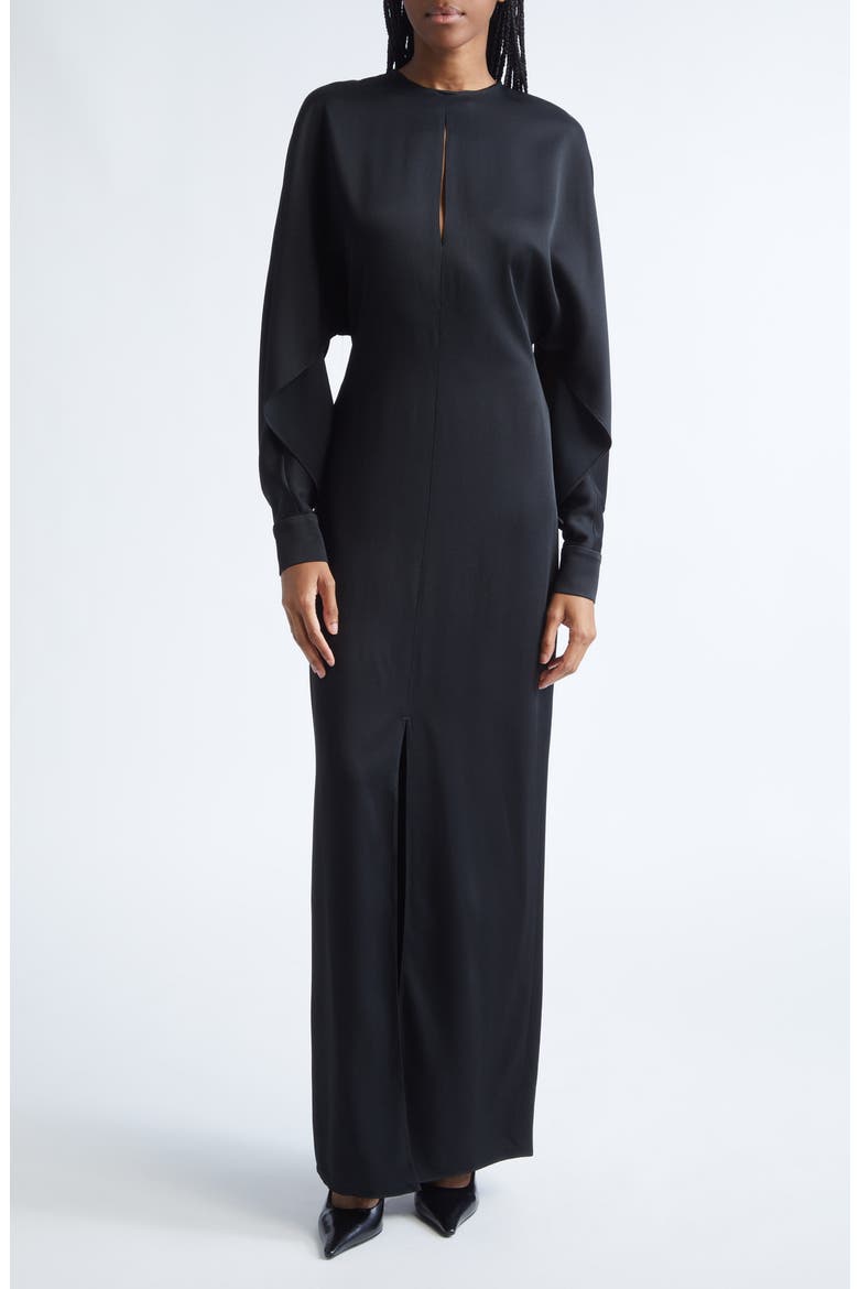 Split Long Sleeve Satin Gown, Main, color, BLACK