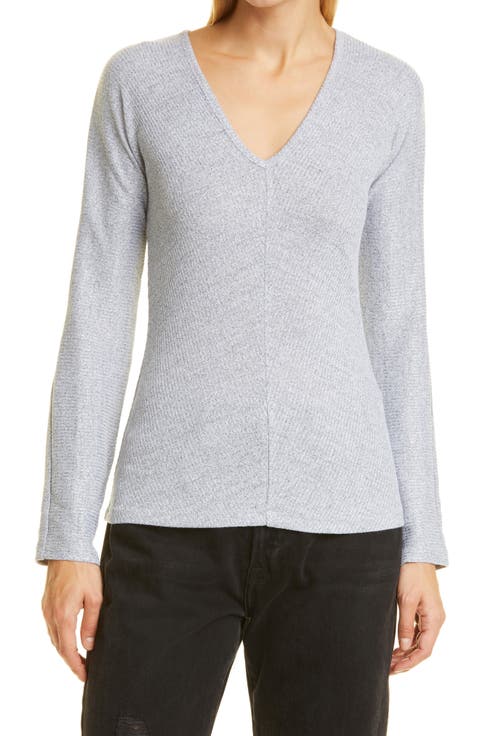 The Bias Rib Knit Long Sleeve V-Neck Top