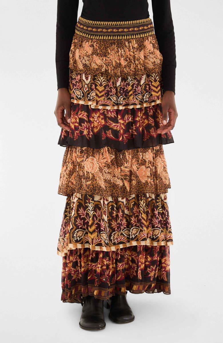 FARM Rio Mixed Scarf Print Tiered Ruffle Maxi Skirt, Alternate, color, Mixed Scarves