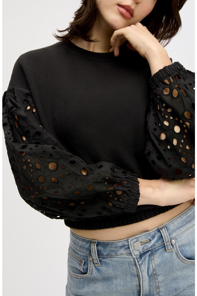 Eyelet Mixed Media Sweatshirt, Alternate, color, TRUE BLACK
