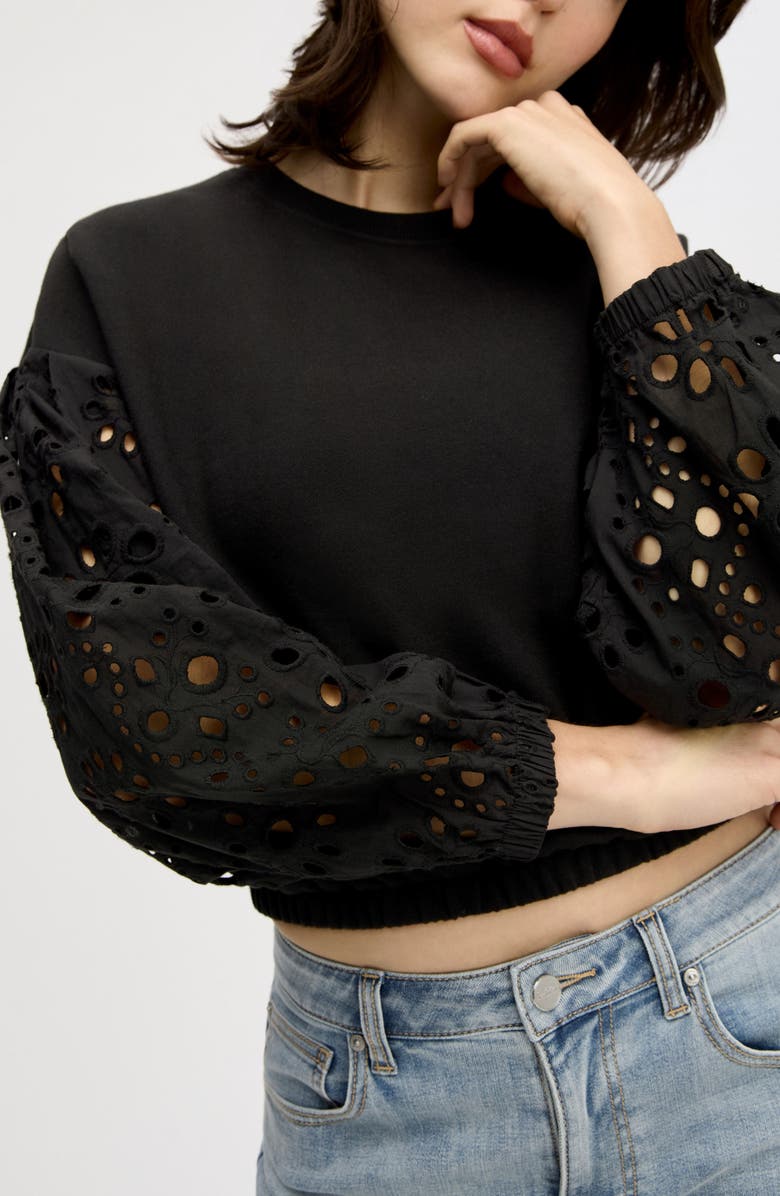 Sam Edelman Eyelet Mixed Media Sweatshirt, Alternate, color, True Black