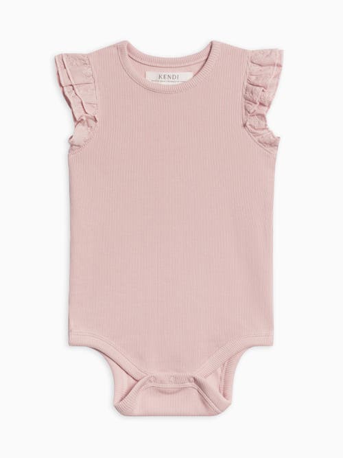 Colored Organics Organic Cotton Maggie Ribbed Short Sleeve Bodysuit With Eyelet Ruffle In Pink