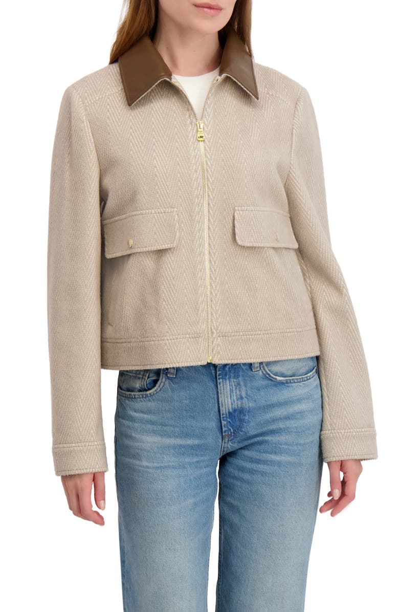 Laundry by Shelli Segal Herringbone Faux Leather Collar Jacket, Main, color, Beige