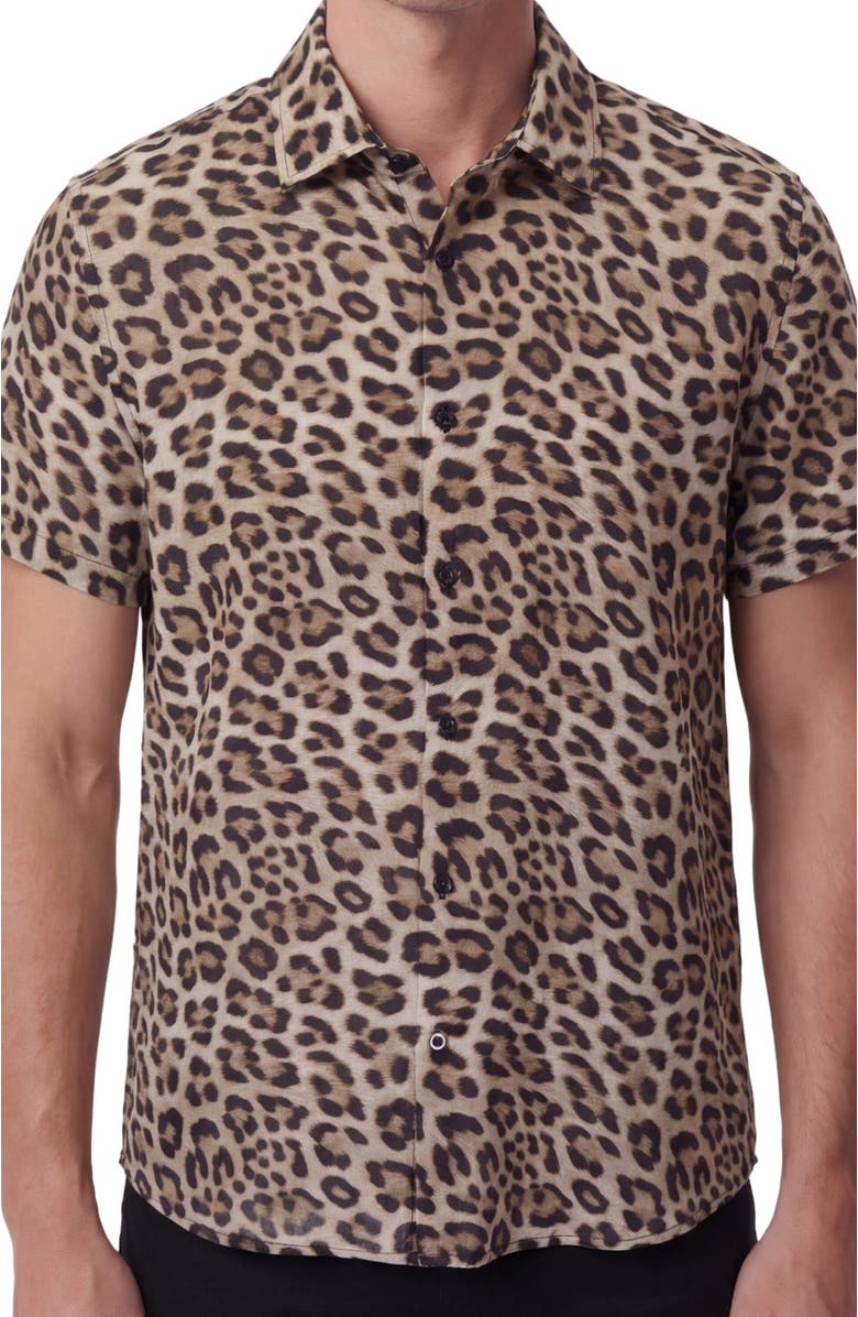 Lords of Harlech Leopard Mens Linen Button-up Shirt, Alternate, color, Leopard Brown