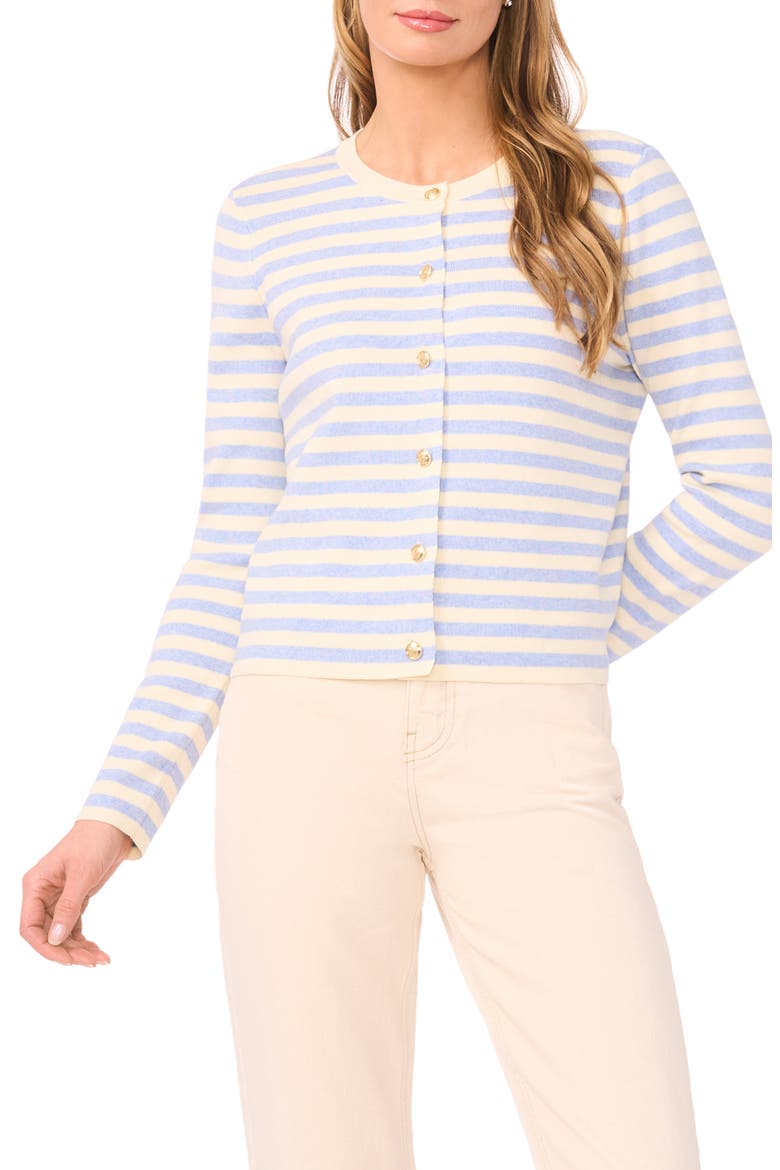Stripe Crewneck Cardigan, Main, color, BERRY BLUE HEATHER