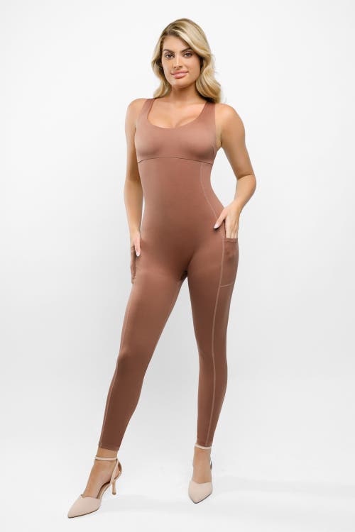 Popilush Shapewear U-neck Thigh Slimming Butt Lift Jumpsuit In Cherry Wood