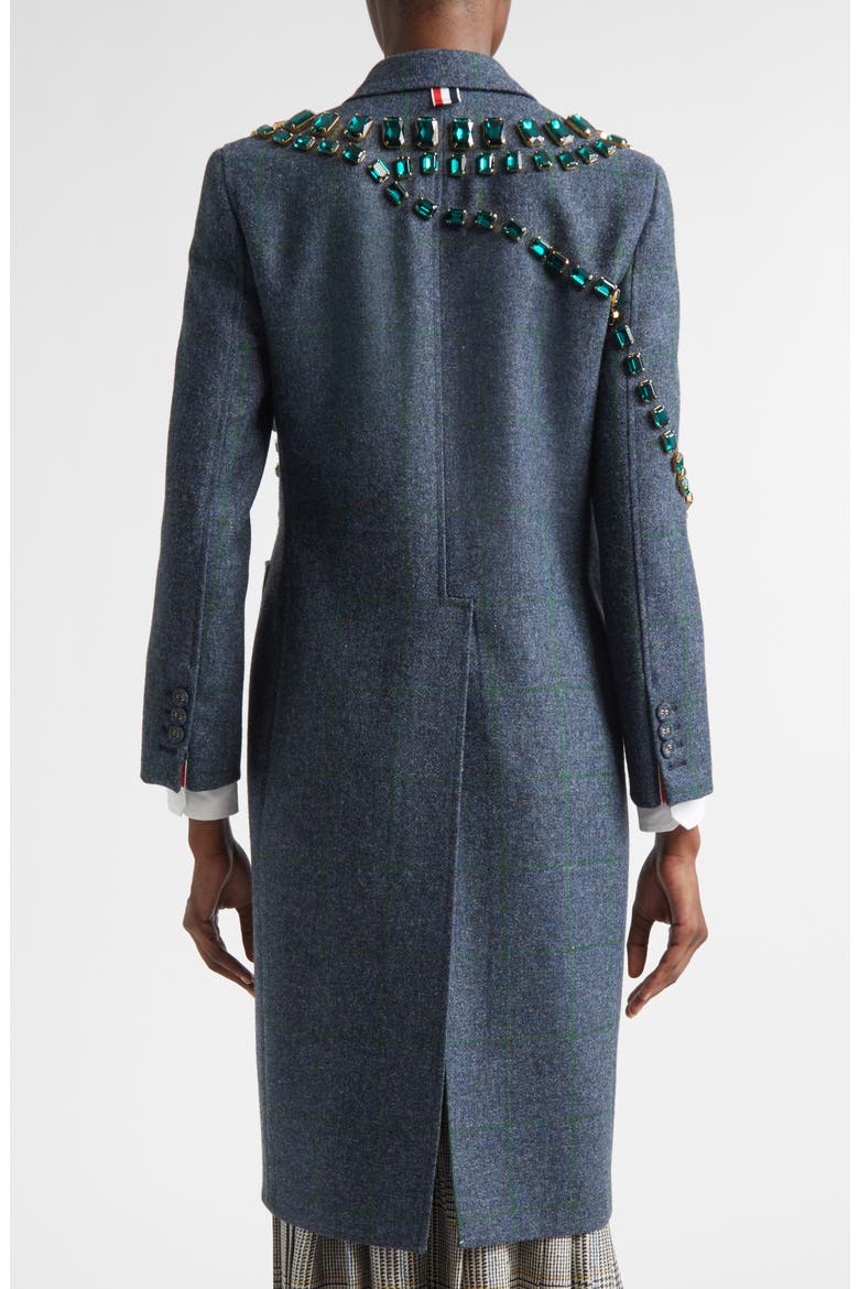 Windowpane Hunting Tweed Trompe L'Oiel Swarovski Crystal Long Jacket, Alternate, color, DEEP BLUE