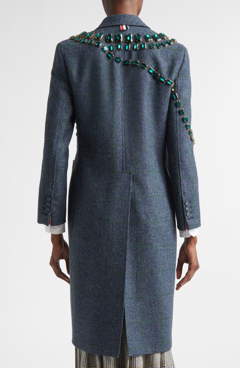 Thom Browne Windowpane Hunting Tweed Trompe L'Oiel Swarovski Crystal Long Jacket, Alternate, color,