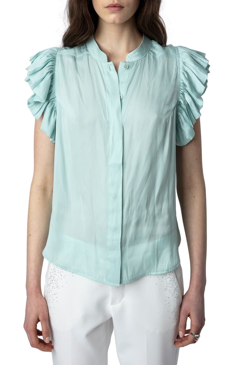 Tiza Ruffle Satin Button-Up Blouse, Main, color, CELADON
