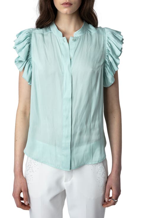 Tiza Ruffle Satin Button-Up Blouse