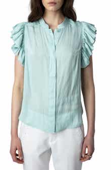 Tiza Ruffle Satin Button-Up Blouse