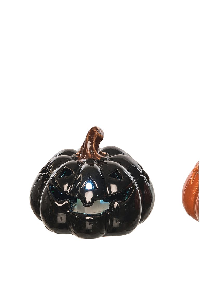3.27" x 3.94" Orange White Black Stoneware Pumpkin 3-Piece Light Up Jack O' Lantern Halloween Figurines, Alternate, color, Orange