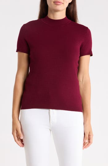 T Tahari Mock Neck Short Sleeve Knit Sweater In Soft Plum