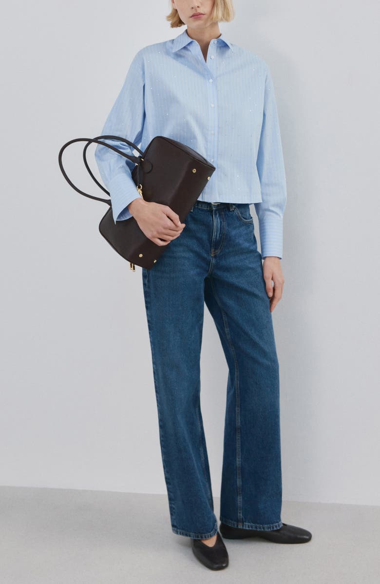 MANGO Rhinestone Detail Stripe Cotton Blend Button-Up Shirt, Alternate, color, Sky Blue